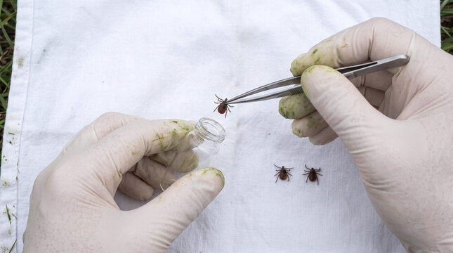 Gloved hands lifting ticks off collecting cloth into vial