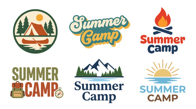 A lively collection of Summer Camp logos highlight creative designs featuring outdoor themes, perfect for camping, adventure programs, or children&rsquo;s summer activities and events.
