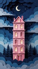 Fototapeta premium Paper art illustration shows a pink building at night under a crescent moon and starry sky. Layered clouds and dark pine trees create a whimsical, dreamy forest scene.