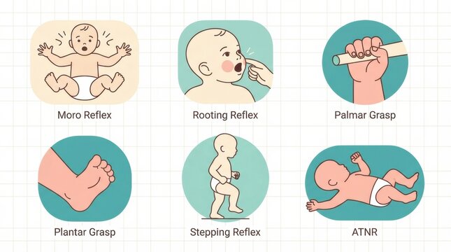 Visual representation of various primitive reflexes seen in infants, illustrating their development during the first year of life.