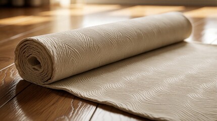 Fototapeta premium Rolled beige fabric with wavy texture lies on polished wooden floor. Neutral tan textile roll on hardwood flooring in bright room. Soft linen material creates cozy home atmosphere for interior design