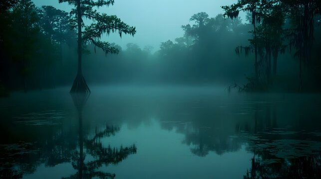 A foggy swamp filled with eerie sounds and hidden dangers lurking beneath the surface.