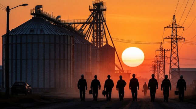 Workers in silhouette walk past grain silos and power lines at sunset. Industrial complex scene at dusk with sun low on horizon. Team of men leave work site after long day.