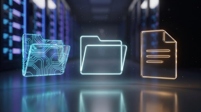 Secure digital archiving concept showing illuminated circuit board folder icons inside enterprise server room infrastructure
