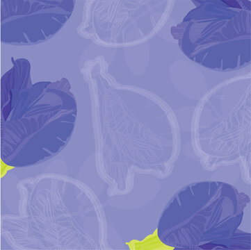 Seamless repeating pattern of leaves and flowers, randomly placed. Hand drawn vector botanical elements all over the surface. Printed on a purple tone background