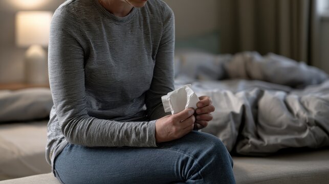 Woman holding tissue on bed in emotional distress, grief support, mental health care, counseling, loneliness, crying and recovery support
