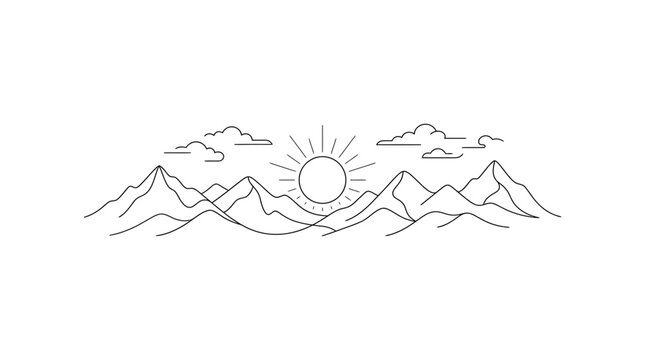 Minimalist mountain sunrise line art