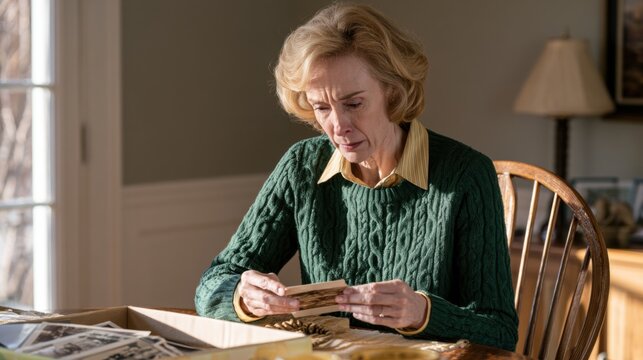 Mature woman examining old photographs at table, memory keeping, family archive and personal history concept