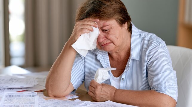 Crying woman wiping tears with tissue at table, emotional distress and personal crisis with scattered paperwork and unpaid bills concept