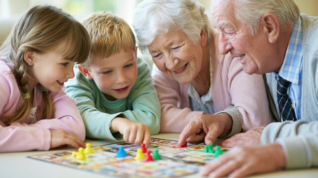 Grandparents and grandchildren playing a board game at a sunlit kitchen table