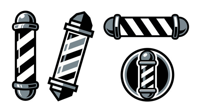 This collection showcases various traditional barber pole icons, representing the classic barber aesthetic, perfect for barbershops, stylists, and grooming services branding.