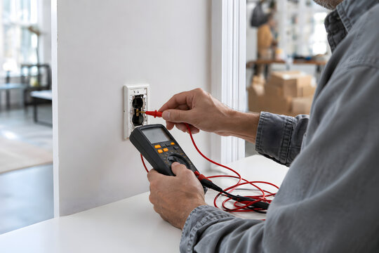 Electrician Testing Wall Outlet Voltage with Digital Multimeter During Home Inspection