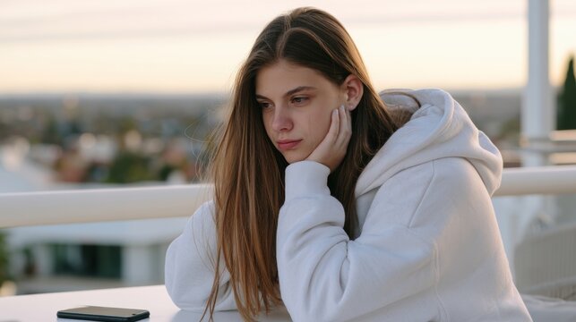 Upset young woman resting head on hand at outdoor terrace, emotional distress, sadness and mental health concept