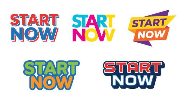This collection of promotional logos emphasizing 'Start Now' in various styles conveys a sense of urgency, encouraging immediate action and motivation for new beginnings.