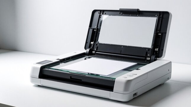 Flatbed scanner with open lid, paper on glass. Device digitizes documents for digital archiving or office work. Modern tech equipment for office and home use.