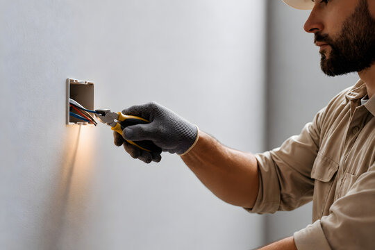 Electrician Repairing Exposed Wall Wiring with Insulated Pliers During Home Renovation