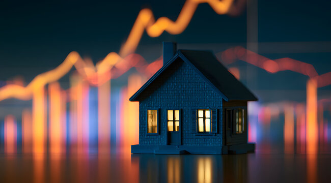 A miniature house model with lit windows is positioned on a reflective surface, set against a background of ascending financial charts and graphs.
