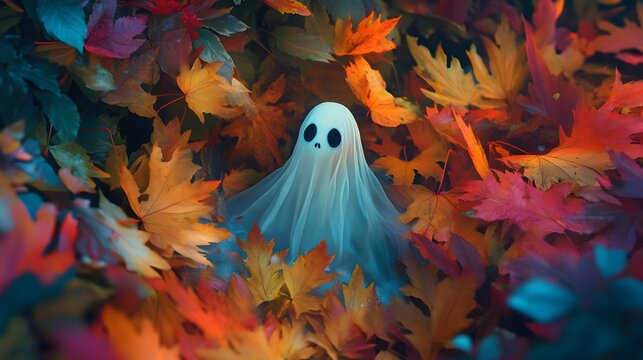 A ghost floating among colorful autumn leaves, celebrating the season of Halloween.