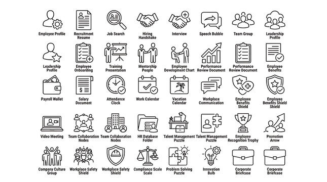 Business icons set representing human resources, recruitment, employee training, and talent management concepts.