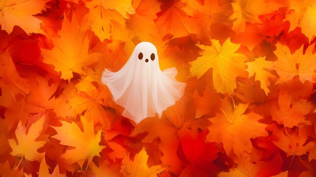 A ghost floating among colorful autumn leaves, celebrating the season of Halloween.