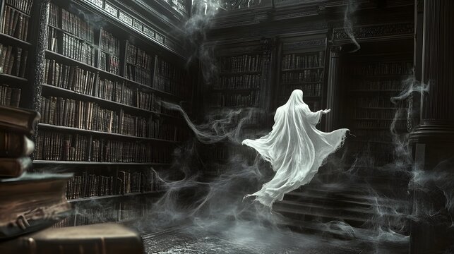 A ghost floating through an old library, surrounded by ancient books and cobwebs.