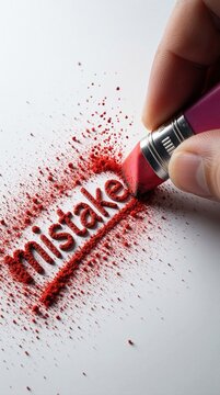 Hand uses pink eraser to remove red text mistake on white paper. Close up macro shot shows red dust particles spreading from word. Concept of correction, fixing errors, solving problems improving