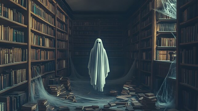 A ghost floating through an old library, surrounded by ancient books and cobwebs.