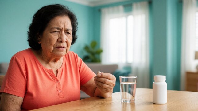 Elderly Latina woman holds antacid pill for heartburn relief. She has chest discomfort and a glass of water nearby. Home healthcare and wellness concept.