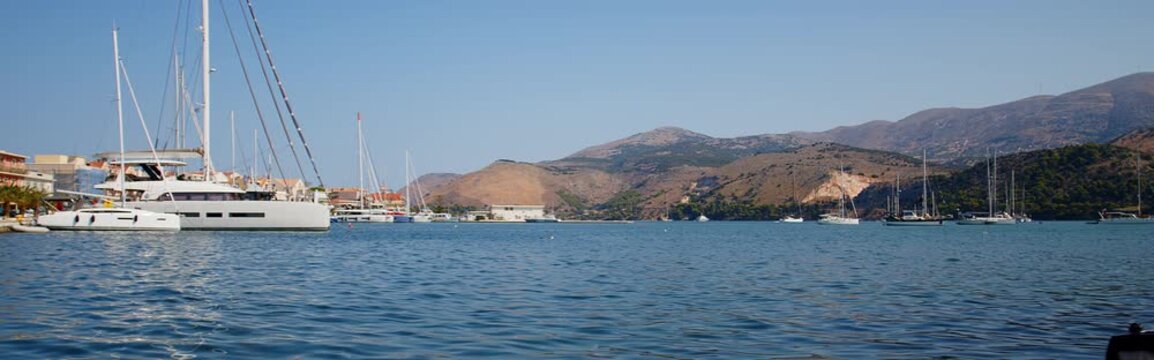 Anamorphic view of the harbor of Argostoli, Kefalonia, Greece, in summer
