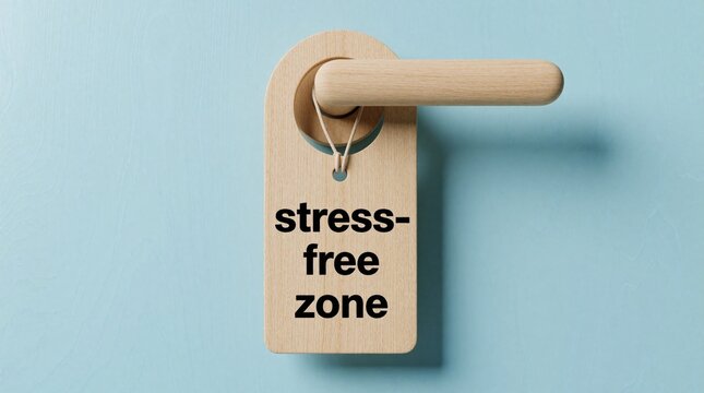 Wooden door hanger sign declares stress-free zone on blue wall. Minimalist design promotes calm and relaxation, ideal for wellness or personal space.