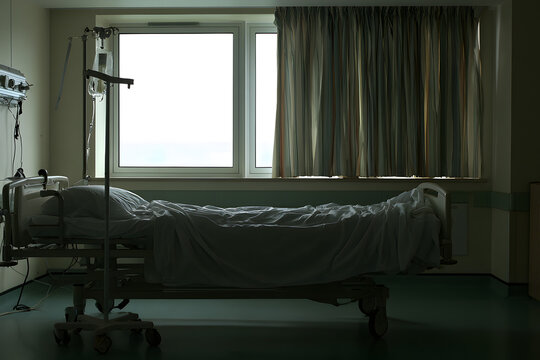Hospital patient rooms without occupants have window curtains, and provide medical care