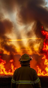 Protective yellow gear and helmet facing a massive wildfire front at golden hour, with thick smoke and glowing orange light rays, response, grit, white