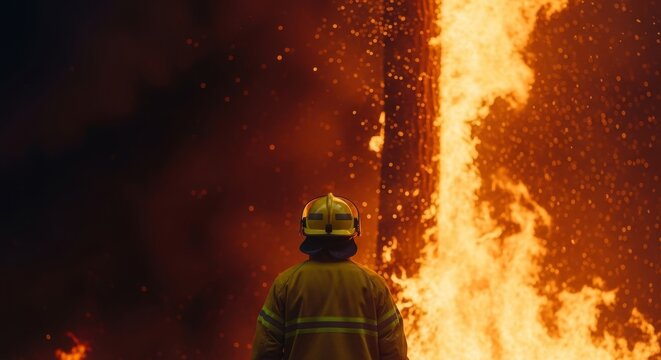 Protective yellow gear and helmet face a wall of orange flames and dark smoke during an intense forest fire with realistic textures, fire, outdoors, protection