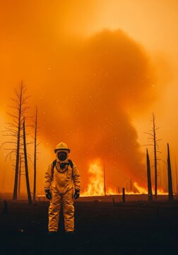 Protective yellow gear stands against a backdrop of thick orange smoke and charred trees while embers drift through the hazy forest air, helmet, prevention, dramatic