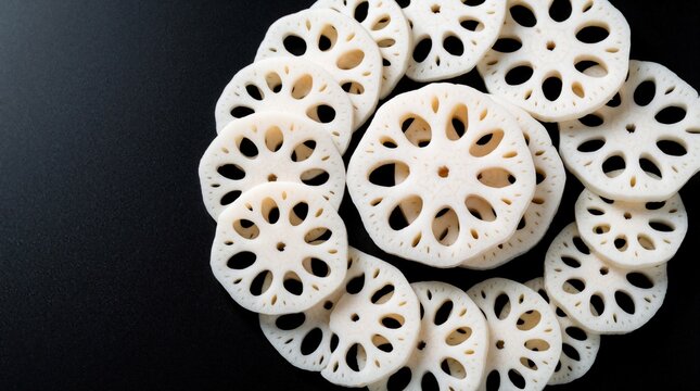 Fresh white lotus root slices on black background. Raw organic vegetable pieces show unique natural hole pattern. Macro view of healthy asian food ingredient. Sliced lotus root looks elegant for