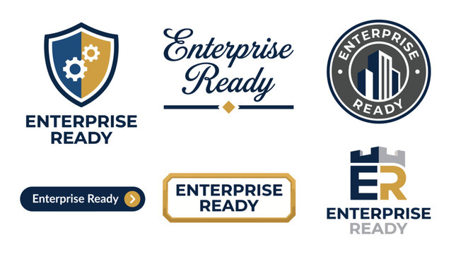 This image exhibits five unique logo designs themed around the concept of being 'Enterprise Ready,' combining modern architecture and professional elements with labeling.