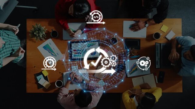 A diverse team collaborates in a modern workspace, exploring data and using technology, surrounded by visual elements representing integration and automation. Raster