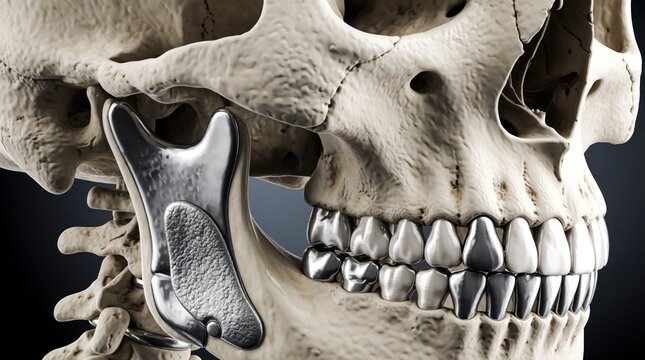 Human skull cross section shows jaw implants and metal dental fillings. Medical illustration details bone structure and craniofacial reconstruction surgery procedures.