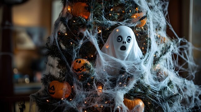 A ghost with a spooky expression hiding behind a Halloween tree adorned with cobwebs.