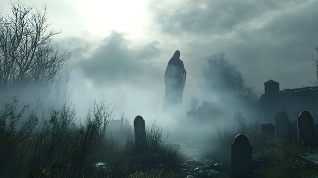 A ghostly apparition floating in a misty graveyard, surrounded by tombstones and fog.