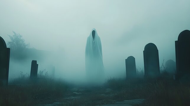 A ghostly apparition floating in a misty graveyard, surrounded by tombstones and fog.