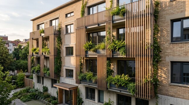 Sustainable building retrofit combining facade vegetation, shading, and efficient windows, suitable for ESG reporting, renovation proposals, and energy efficiency campaigns.