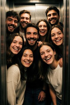 Eight friends packed into a small elevator laugh and smile brightly. They share a joyful candid moment of togetherness late at night, exuding youthful energy and fun.