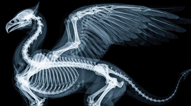 X-ray of a griffin skeleton, showing its bird head, lion body, and feathered wings. This mythical creature bone structure reveals its powerful and ancient nature.