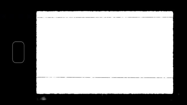 Retro super 8mm film frame border with sprocket hole and white overexposed screen for video overlay, alpha channel for retro cinematic video editing