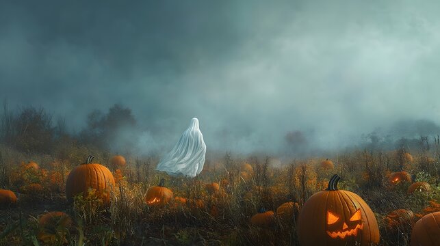 A ghostly figure gliding over a pumpkin patch during a misty Halloween night.