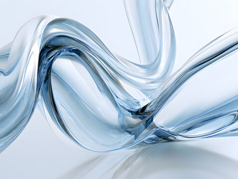 A 3D ribbon with a glossy translucent blue and white surface, featuring elegant curves and twists. The background displays clear water waves illuminated by light. 3D illustration
