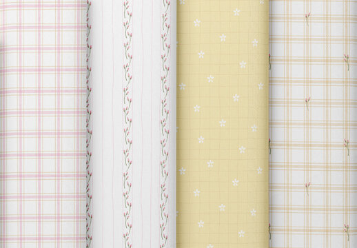 Editable seamless repeating watercolor pattern set with pastel stripes, floral stems and tiny blossoms for nursery, stationery, packaging, fabric and lifestyle design