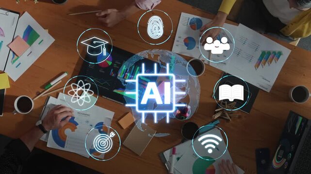 Group of Diverse Business Professionals Collaborating on Artificial Intelligence Strategy in Modern Office with Digital Graphs and Icons Representing Technology. Entropy.