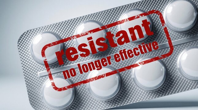 Close up of medicine blister pack with red stamp text resistant no longer effective. Antibiotic resistance concept shows failed drug treatment for bacterial infection. Pharmaceutical crisis, medical